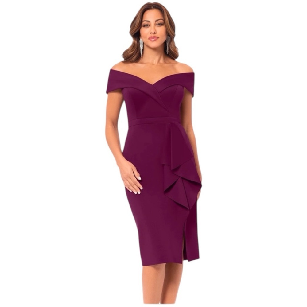 XSCAPE Tisha Knee Length Scuba Off The Shoulder Ruffle Dress Size 4 In Blue